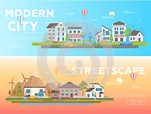 Streetscape - set of modern flat vector illustrations