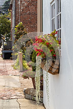 Streetscape in a small urban city with brick walls and window boxes with flowers.