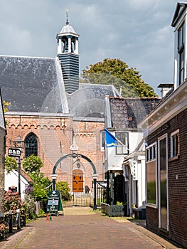 Streetscene with church in old town of Grou, Friesland, Netherlands