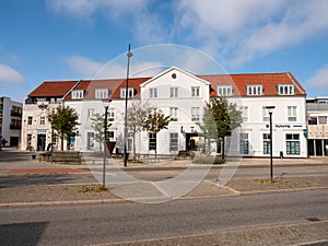 Streetscene of Haandvaerker Torv square in center of Thisted, Nordjylland, Denmark