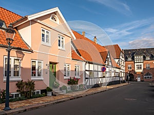 Streetscene with historic houses along Sankt Annagade in Bogense, Funen, Denmark