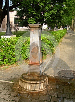 Streetside historic public water fountain for drinking or bathi photo