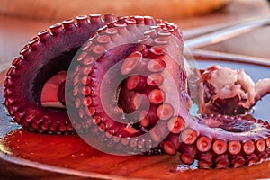 Streetside stalls oferring fresh boiled octopus, Pontevedra, Gallicia, Spain photo