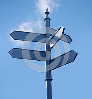 Streetsign in the city, 5 directions, sky