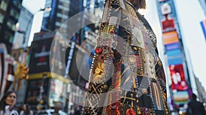 A streetstyle shot of a fashionista in a statement designer jacket walking in front of a bustling city intersection