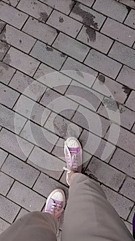 Streetwalker background paving floor paving tiles aesthetic modern sneakers alone walk cozy purple street photo