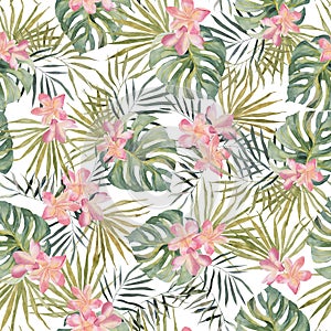 Strelitzia, palm tree, monstera leaves. Tropical exotic bright seamless pattern. Watercolor hand made botanical print
