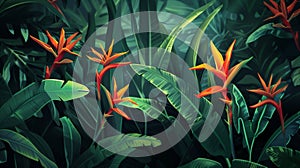 Strelizia background: Lush green leaves, blooming flowers, and intricate details bring the tropical setting to life on