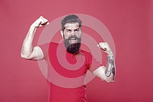 Strength and drive. Bearded man show strength. Strong hipster flex arms red background. Strength and confidence