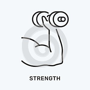 Strength line icon. Vector illustration of arm and dumbbell. Black outline pictogram for physical training