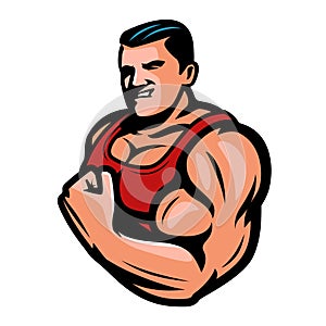 Strength and showing power. Muscular bodybuilder showing strong sport biceps. Gym, bodybuilding emblem or logo vector