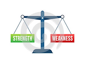 Strength Versus Weakness Scales Concept, Vector Illustration of Balanced Weights for Strategy and Self-Analysis in