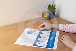 Strength Weaknesses Opportunities Threats Analysis Evaluation Strategy Concept. blue SWOT chart on office table with female hands