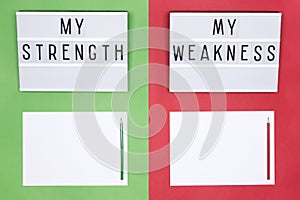 Strengths and weaknesses lists. Introspection, self improvement, work on yourself psychology concept. Copy space