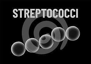 Streptococci bacteria monochrome vector illustration on black background. Virus concept