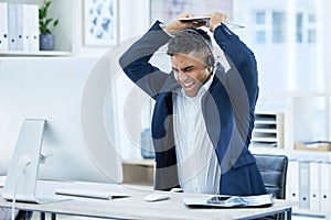 Stress, angry or shouting call center businessman breaking computer keyboard in crm consulting fail, sales deal risk or