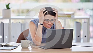 Stress, anxiety and woman with glitch on laptop in office frustrated, worry and confused from 404 error. Technology