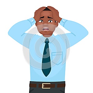 Stress and anxiety at work. An African American male office worker is alarmed. Headache. Problems in business