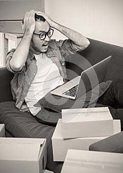 Stress asian man working with box at home concept,