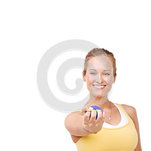 Stress ball, portrait and happy woman in studio for fitness and arm exercise with smile. Health, equipment and toung