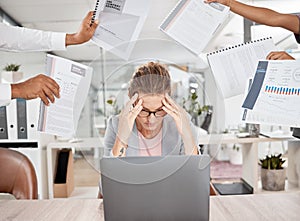 Stress, burnout and woman with a headache from paperwork deadline and overwhelmed from multitasking workload. Fatigue