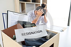 Stress of business woman employee intend to sending resignation letter to boss employer consider in order to contract for quit or