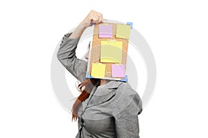 Stress business woman with message note