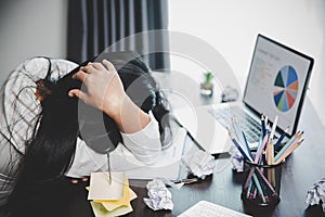 Stress business woman person from hard work, depression in office. Tired and anxious employee female with unhappy at problem job.