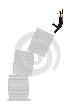 Stress businessman falling down from a high stack of paper. Conc
