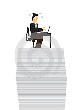 Stress businessman on top of documents doing work. Concept of overwork, office culture or corporate sabotage