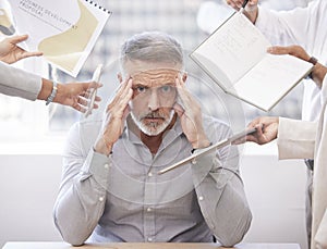 Stress, busy and portrait of overwhelmed businessman with pressure, deadline and work in office. Frustrated, overworked