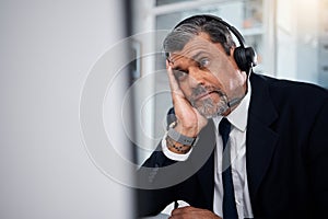 Stress, call center agent and man at computer in telemarketing agency with fail, telecom error and 404 glitch. Bored