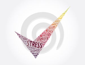 Stress check mark word cloud collage, health concept background