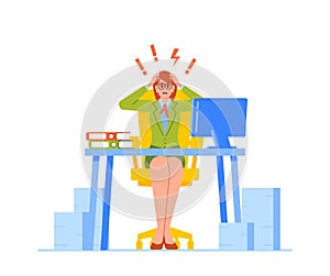 Stress, Deadline, Problem at Work Concept. Stressed Businesswoman Sitting with Flashes and Exclamation Marks over Head