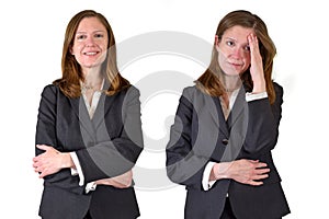 Stress & Depression Concept with a Business Woman Smiling and Stressed on a White Background