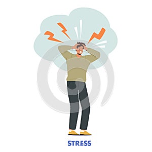 Stress, Despair, Frustration, Life Problems Concept. Young Desperate Man Holding Head with Sparkling Lightnings above