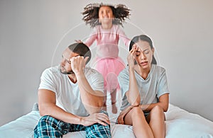Stress, divorce and couple with a child on the bed with her parents in an argument or disagreement. Tired, break up and