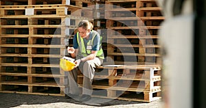 Stress, engineering and woman construction worker on site working on maintenance project, Headache, burnout and