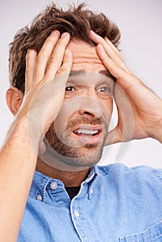 Stress, fear or sad man with hands on face in studio frustrated by fail, accident or mistake on white background