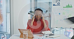 Stress, frustrated and businesswoman with headache, fatigue or pressure for work, deadline or tension in corporate