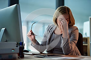 Stress, headache and business woman in office, tired or fatigue while working late at night on computer. Burnout