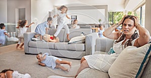 Stress, headache and mother with adhd kids running, jumping and playing in family home or house living room. Mental