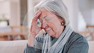 Stress, headache and senior woman in home with mental health, depression or anxiety in retirement. Migraine, pain and