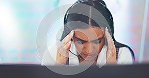 Stress, headache or woman in a call center with burnout exhausted by sales deadline pressure at help desk. Migraine pain