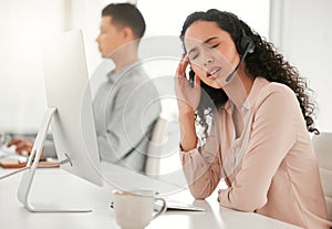 Stress, headache and woman call center consultant with computer in office with burnout for crm. Migraine, exhausted and