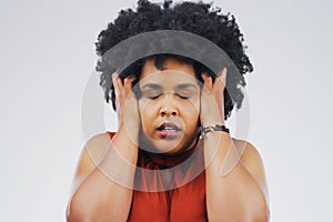 Stress, headache and woman cover ears in studio, white background and problem of noise, anxiety and vertigo. Face