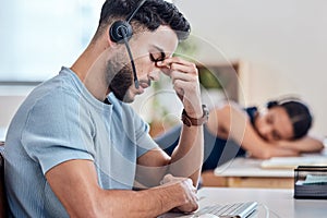 Stress, headset and man in call center for consulting, networking and communication in office. Male telemarketer