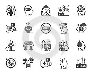 Stress icons. Mental health, depression and confusion thoughts simple icons. Vector