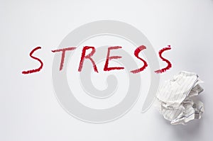 Stress inscription in red letters on a sheet of paper, abstraction