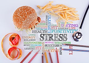 Stress the inscription on the table. Healthy diet, lifestyle, bo